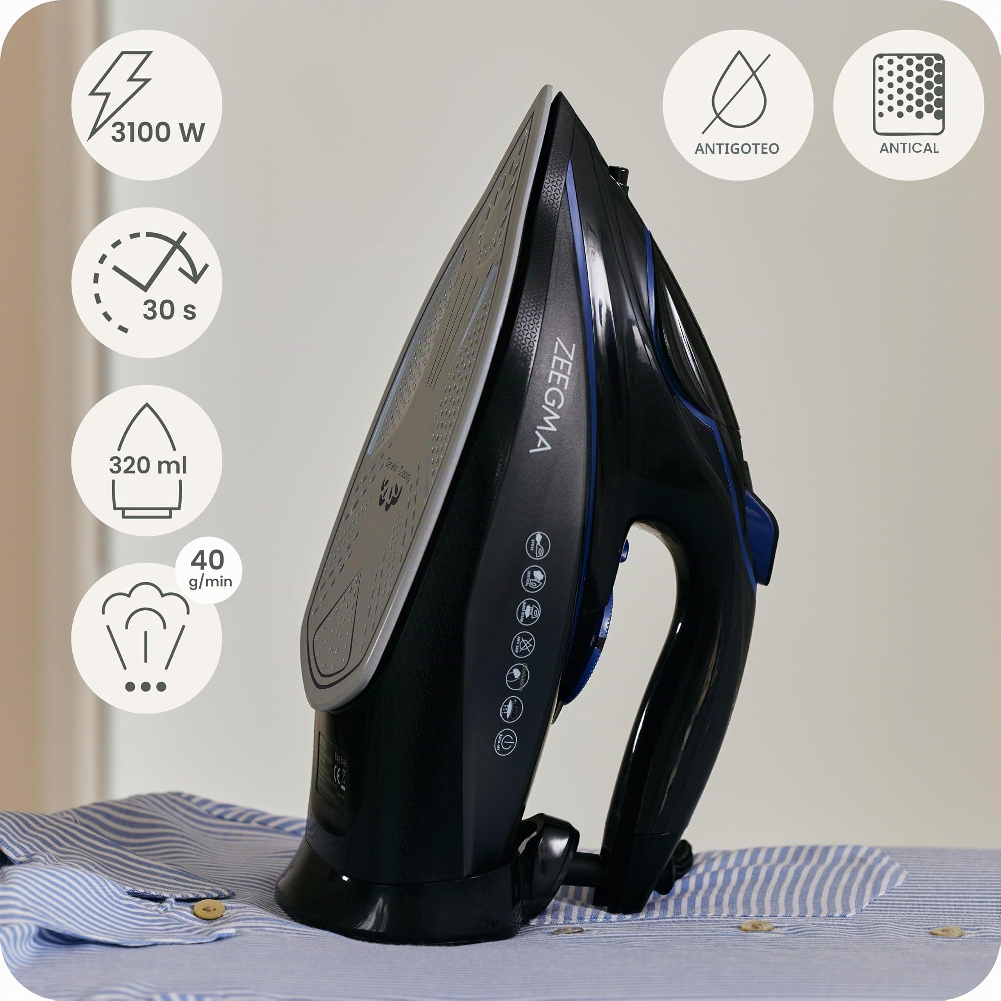 ZEEGMA EISIG BASE Plancha con Cable 3100 W con Revestimiento Cerámico, Planchado a Vapor y en Seco, Salida de Vapor de hasta 40 g/min, Depósito de 320 ml Autolimpieza, Anti-Drip y Anti-Calc