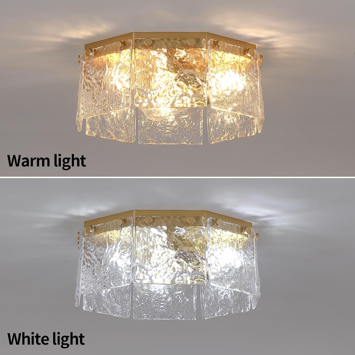 MWZ Modern Gold Semi Flush Mount Ceiling Light Fixture with Hammered Glass Shade, 3-Light 12.6'' Farmhouse Dimmable Flush Mount Lamp with Octagonal Metal Chassis for Kitchen Island Hallway Laundry