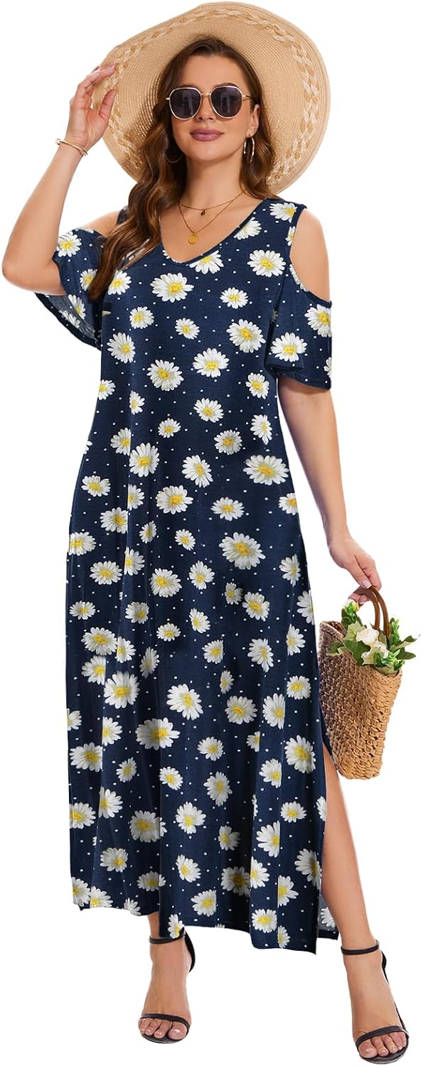 Plus Size Dresses for Women Summer V Neck Cold Shoulder Short Sleeve Split Long Beach Dresses with Pockets - Image 4