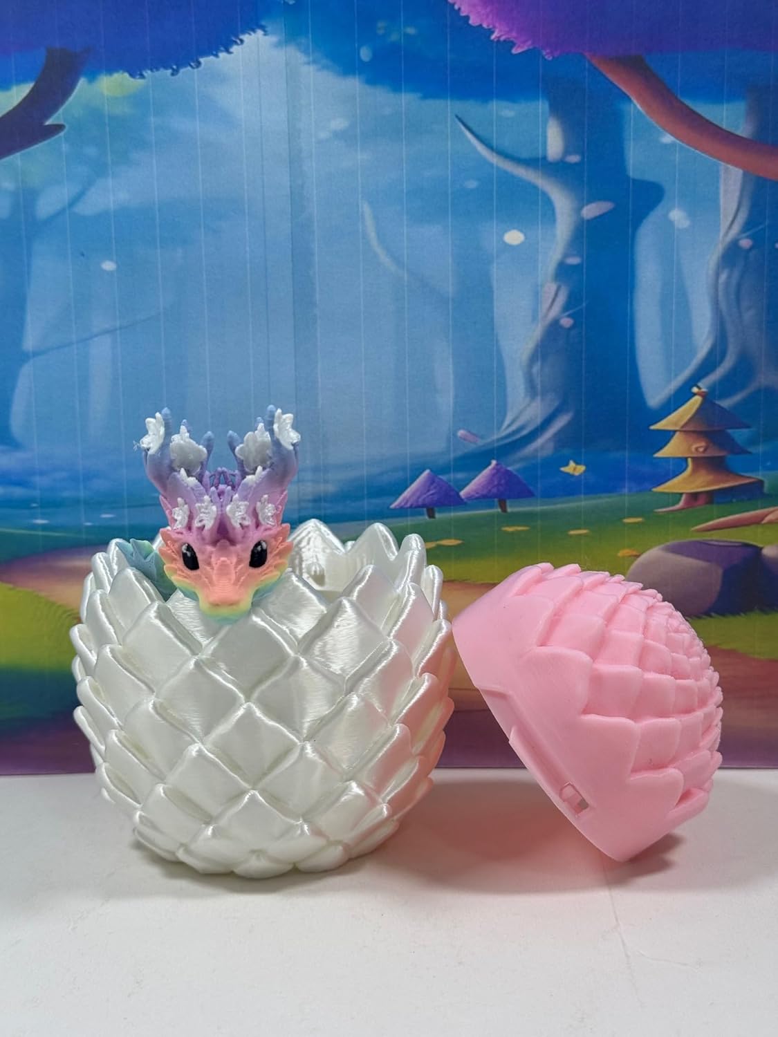 Baby Dragon and Dragon Egg, 3D Printed Baby Dragon, 6" Rainbow Cherry Blossom Dragon, Fidget ADHD Autism Toy BD004-MAC-WPE