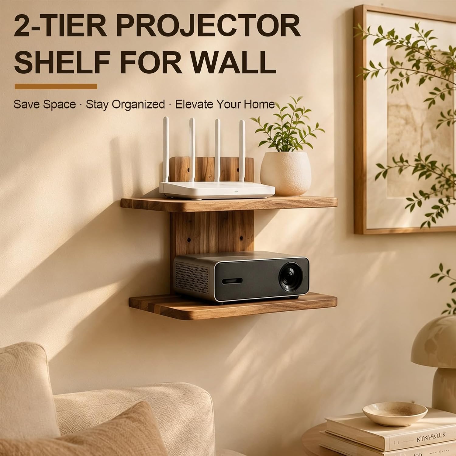 Mifoci 2 Tier Acacia Wood Projector Shelf for Wall 13.8" x 11" Hold 26 Lbs