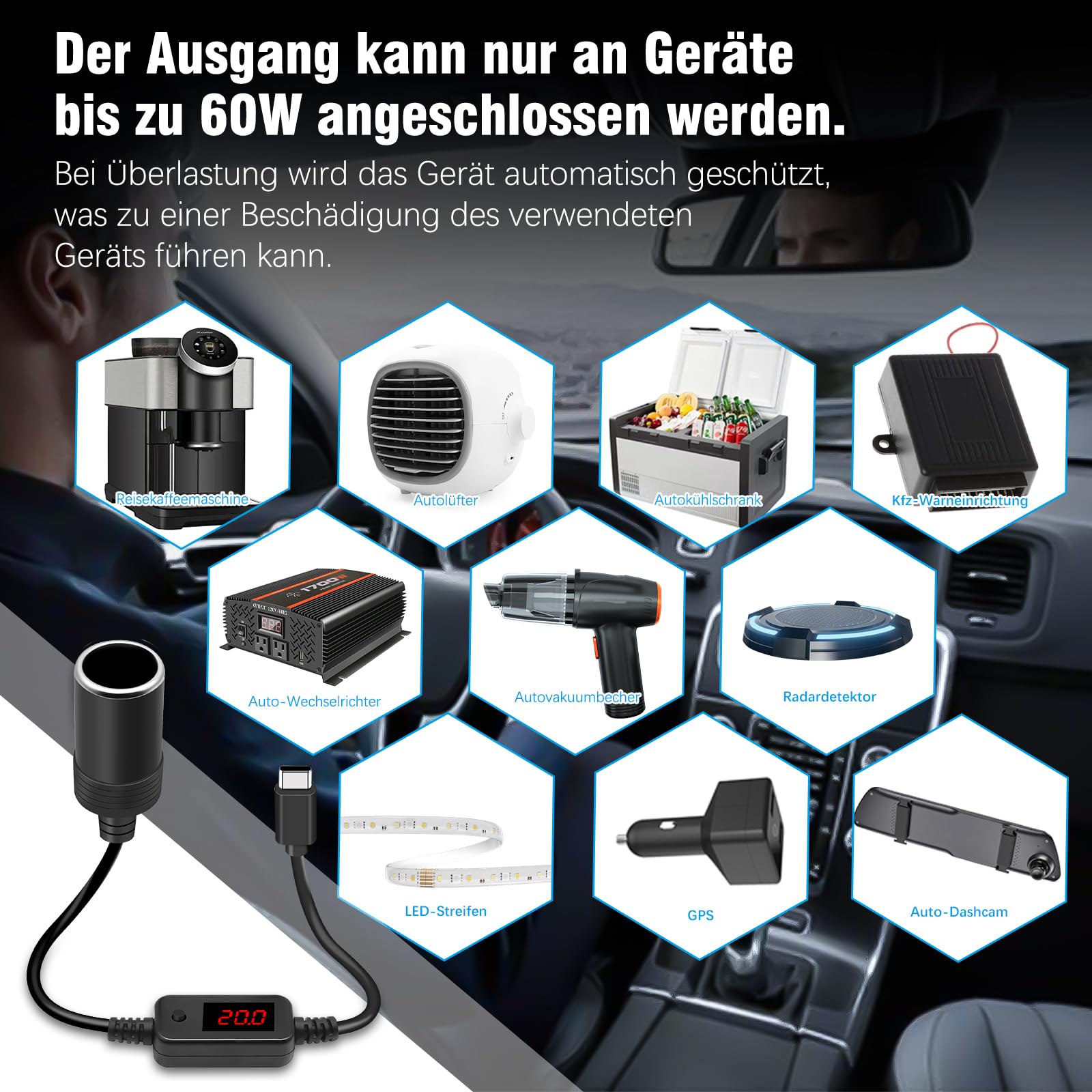Adapter USB C 12V 60W do Auta, Dashcam, GPS