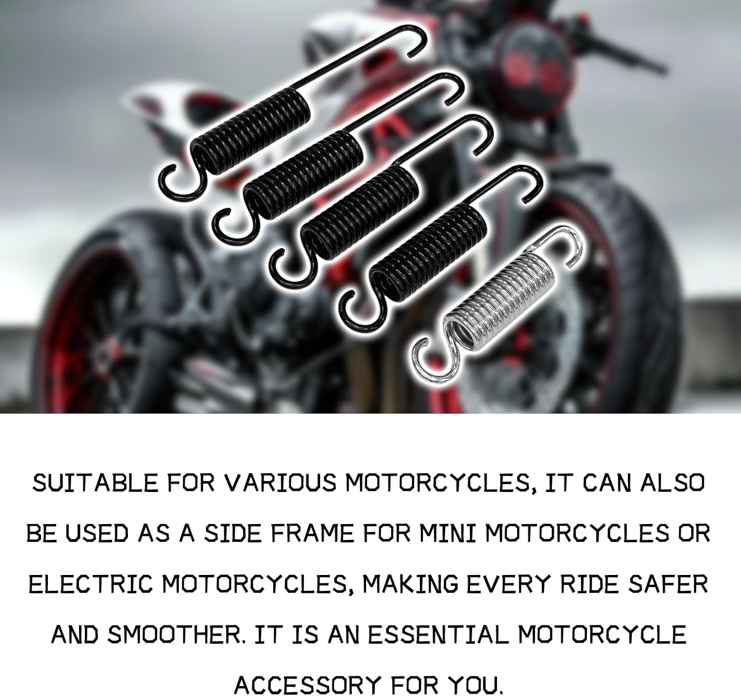 5PCS Motorcycle Kickstand Spring Kit, Motorcycle Side Stand Springs Includes 5 Lengths 120mm/75mm/100mm/90mm/110mm, Heavy Spring Steel Material Accessories for Mini Bike, Mopeds, Scooter, E-bike