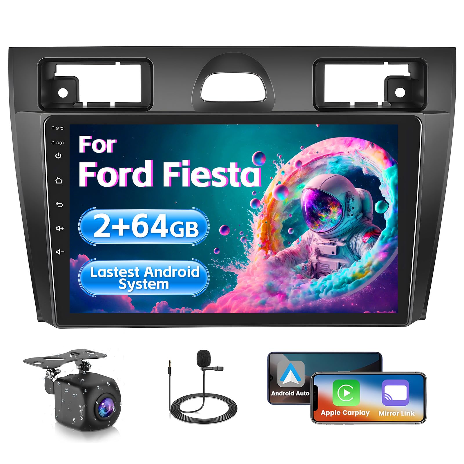 Inefala 2+64G Android 15 CarPlay Radio para Ford Fiesta 2002-2008, Pantalla Táctil de 9 Pulgadas con Inalámbrico CarPlay y Android Auto, Soporte Navegación GPS Mirror Link Bluetooth RDS AHD Wi-Fi DSP