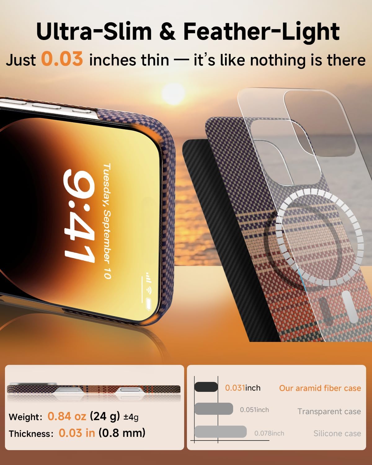 Aramid Fiber Case for iPhone 16 Pro Compatible with Magnetic iPhone 16 Pro Case,Ultra Slim & Lightwight,Kevlar Aramid Weave with Caseless Feel（Sunset）