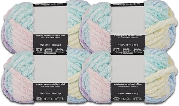 Pack of 4 Chenille Heathered Yarn, 33 Yards Each Multi Pastel Color, Super Bulky Weight for Arm Knitting, Crochet, and DIY Craft Projects Soft Texture for Blankets