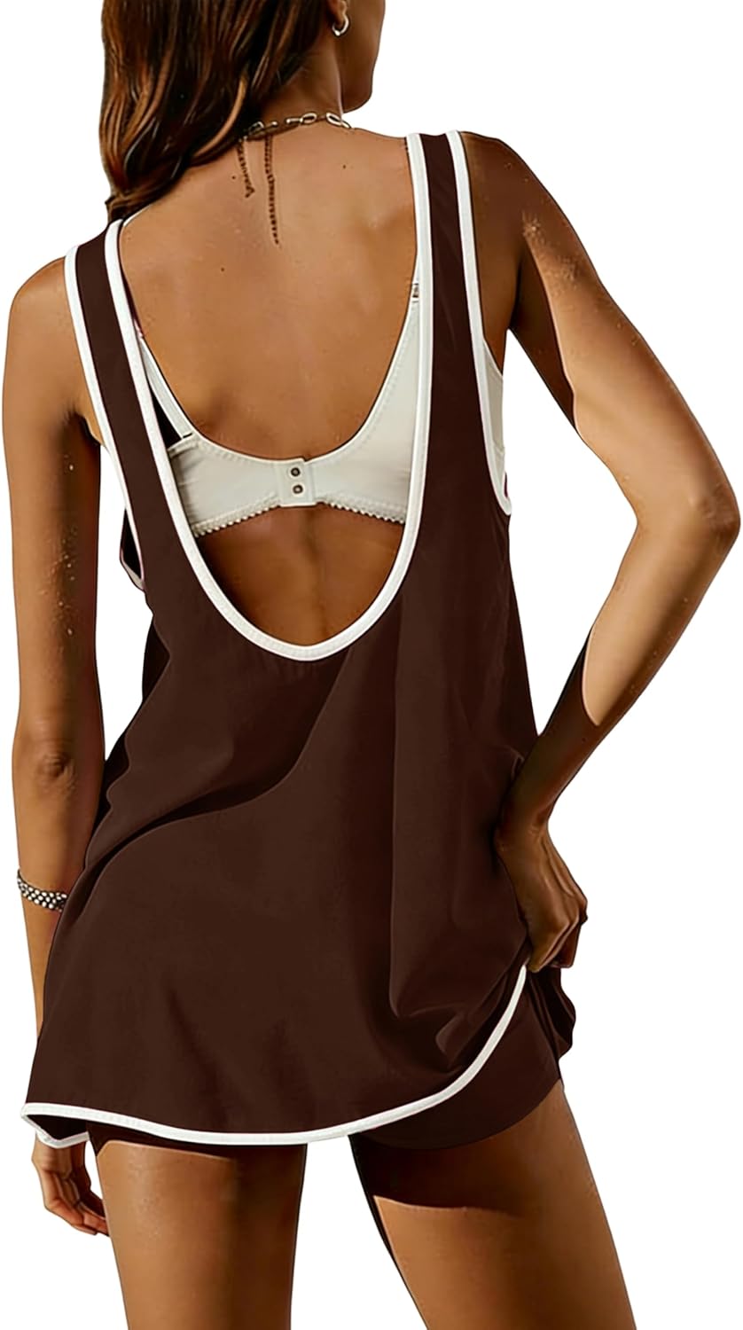 Womens Contrast Color Sleeveless Crewneck Athletic Mini Dress Built in Shorts Summer Tennis Mini Romper with Pockets