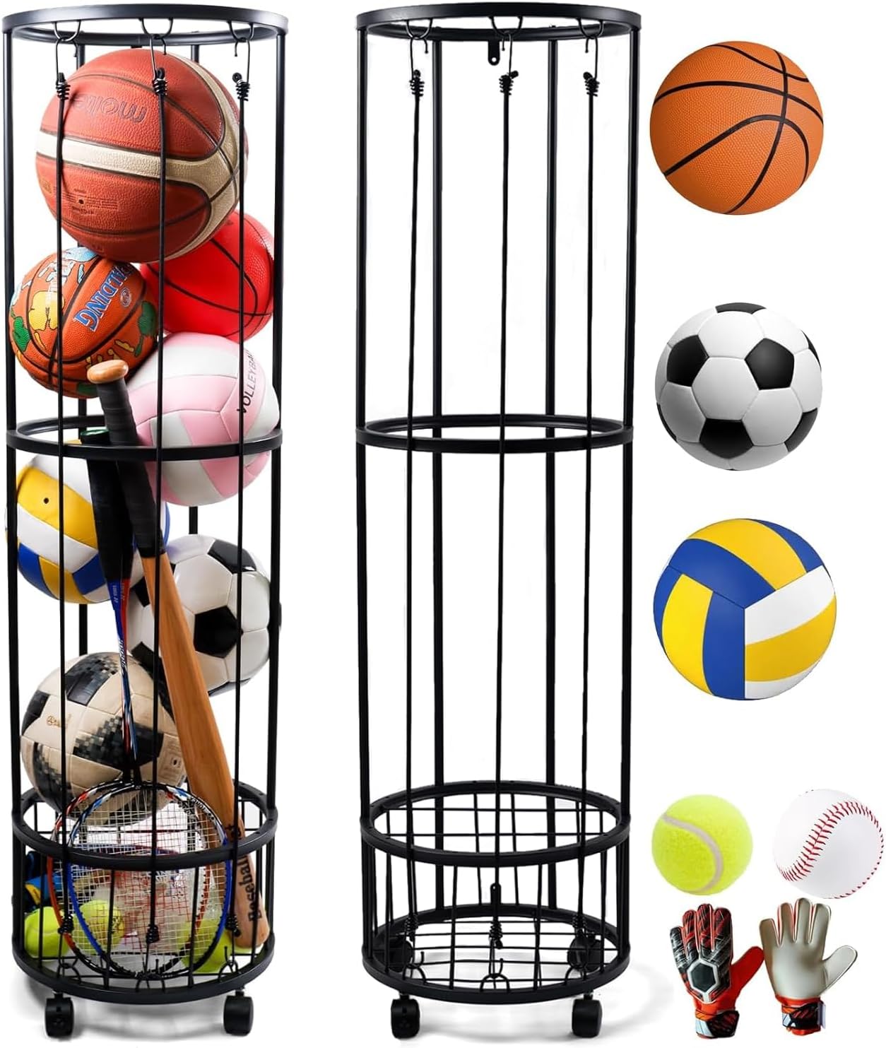 Upgrated Ball Storage Rack with Small Bottom Ball Holder, 3 Adjustable Elastic Cords Sports Equipment Organizer, Wall-Mounted Basketball Rack for Indoor,Outdoor,Home,Garage