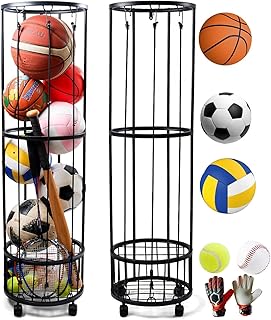 Upgrated Ball Storage Rack with Small Bottom Ball Holder, 3 Adjustable Elastic Cords Sports Equipment Organizer, Wall-Mounted Basketball Rack for Indoor,Outdoor,Home,Garage