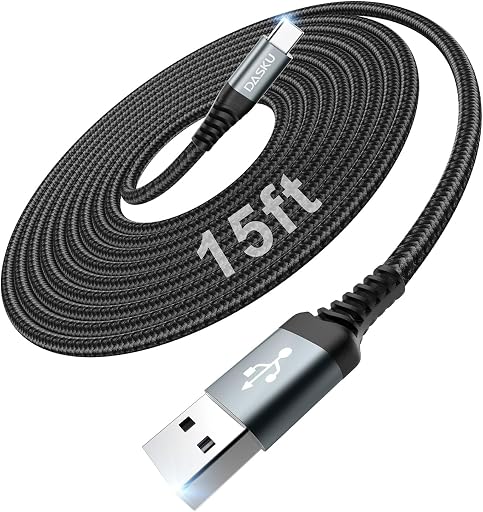 USB to USB C Cable 15FT 1Pack, Extra Long USB C Cable 3A Fast Charging, Nylon Braided Durable USBA to USBC Cord Compatible with iPhone 1716 15 Pro Max 16e, Galaxy S25 S24 S23 S22 Plus, Moto and More