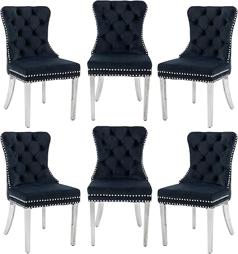 Miniatura 79 de Juego de 2 sillas de comedor, sillas de terciopelo copetudas con patas de acero inoxidable doradas, anillo de metal con ribete de remache, respaldo