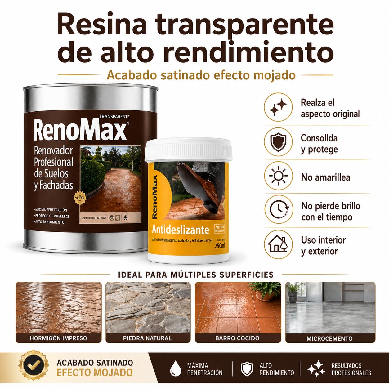 Renomax - Resina Hormigon Impreso y Superficies Porosas Al Disolvente + Aditivo Antideslizante en Polvo | Repara y Protege Suelos y Fachadas | Fácil de Aplicar, Garantía 5 Años, Certificado C3, 20m