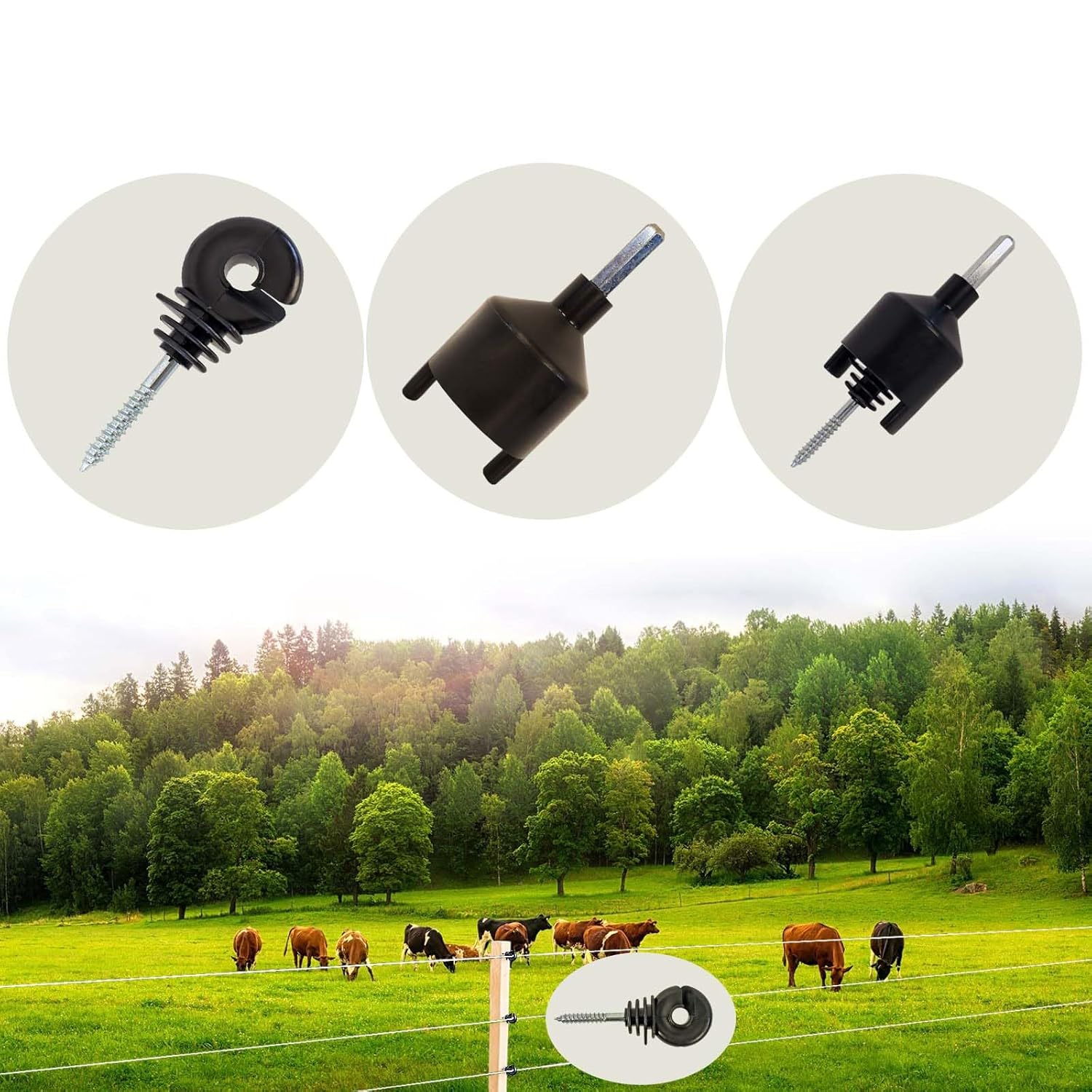 100 pcs Electric Fence Insulator, Black Self-Tapping Insulator, Fence Ring Post Screw-in Wood Post Insulator, with 1 pc Insulator Socket Tool (Fit for Electric Drill)