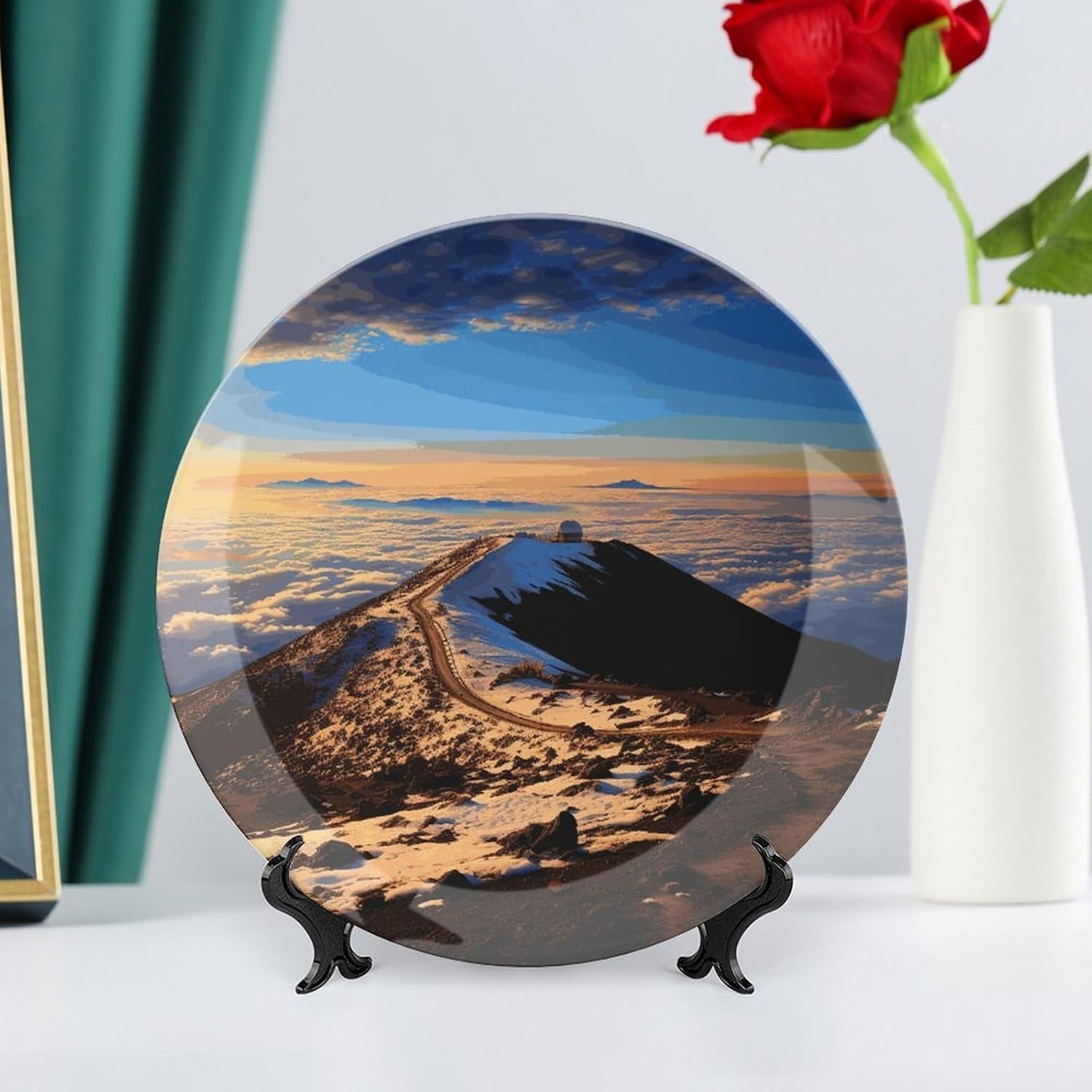 Mauna Kea Summit Sunset Bone China Decorative Plate with Display Stand, Ceramic Ornaments Plate for Wall Hanging, Personalized Porcelain Plates for Office, Living Room 10inch