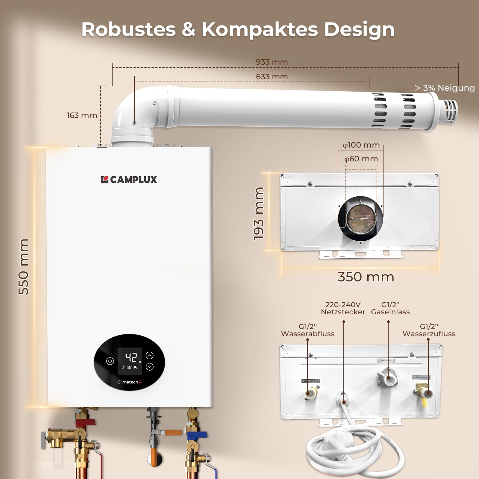 CAMPLUX Climitech 4 Gasdurchlauferhitzer 12 Liter, Indoor Gasdusche für Küche/Bad, Butan/Propan, 28-50 mbar, GX318LP
