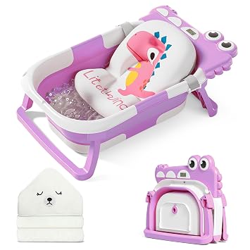 MoreFeel Collapsible Baby Bathtub for Newborn with Thermometer & 1 Hooded Towel & 1 Soft Floating Cushion,Portable Travel Bathtub with Drain Hole, Durable Foldable Baby Tubs for Infants to Toddler