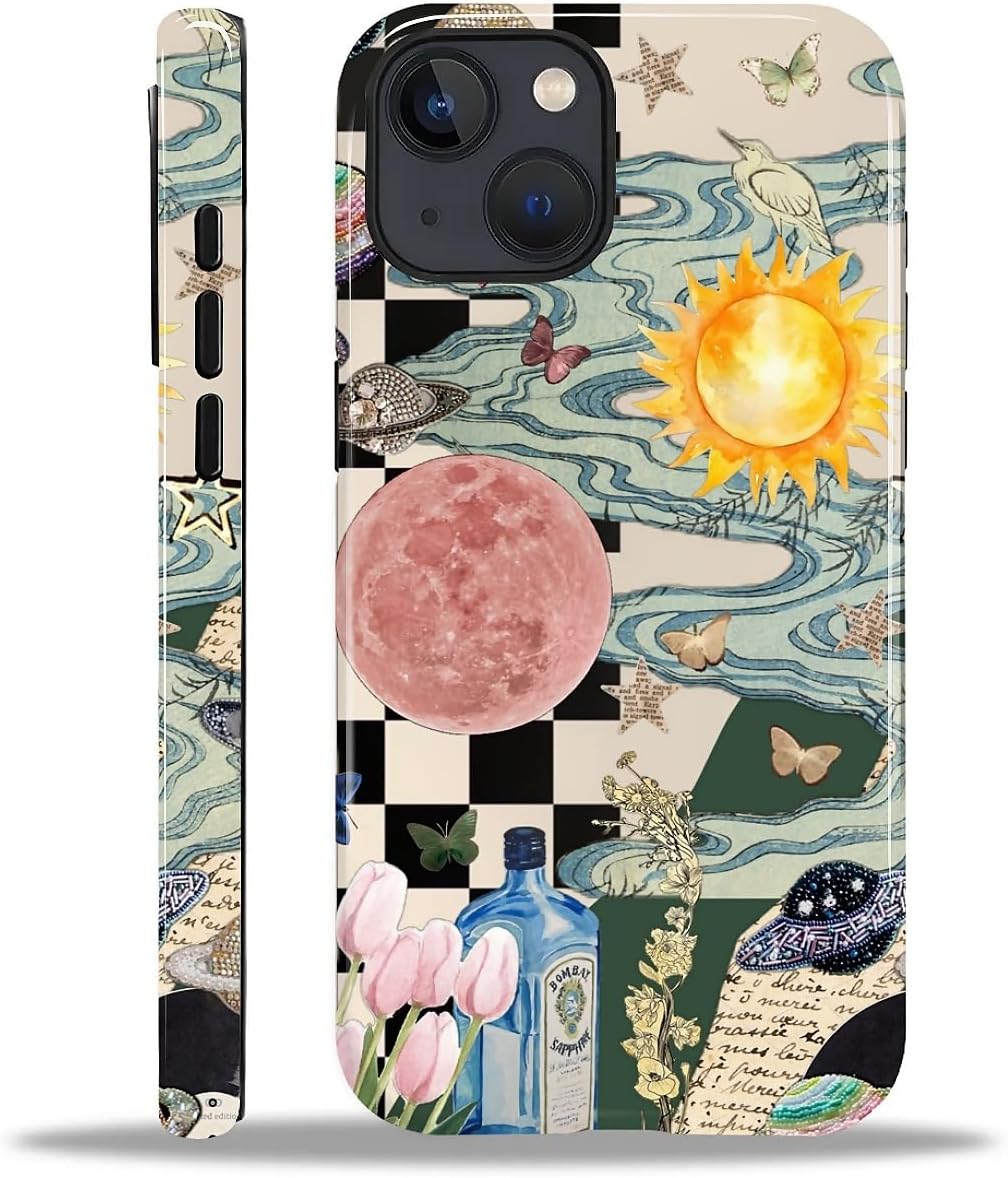 Compatible with iPhone 14 13 Case - Hybrid Heavy Duty 2 in 1 Full Body Rugged Shockproof Protection Glossy Case for iPhone 14 13 - Aesthetic Collage Moon and Sun