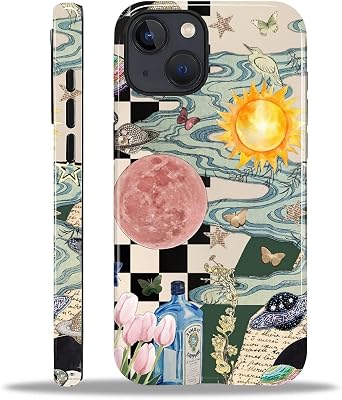 Compatible with iPhone 15 Plus Case - Hybrid Heavy Duty 2 in 1 Full Body Rugged Shockproof Protection Glossy Case for iPhone 15 Plus - Aesthetic Collage Moon and Sun