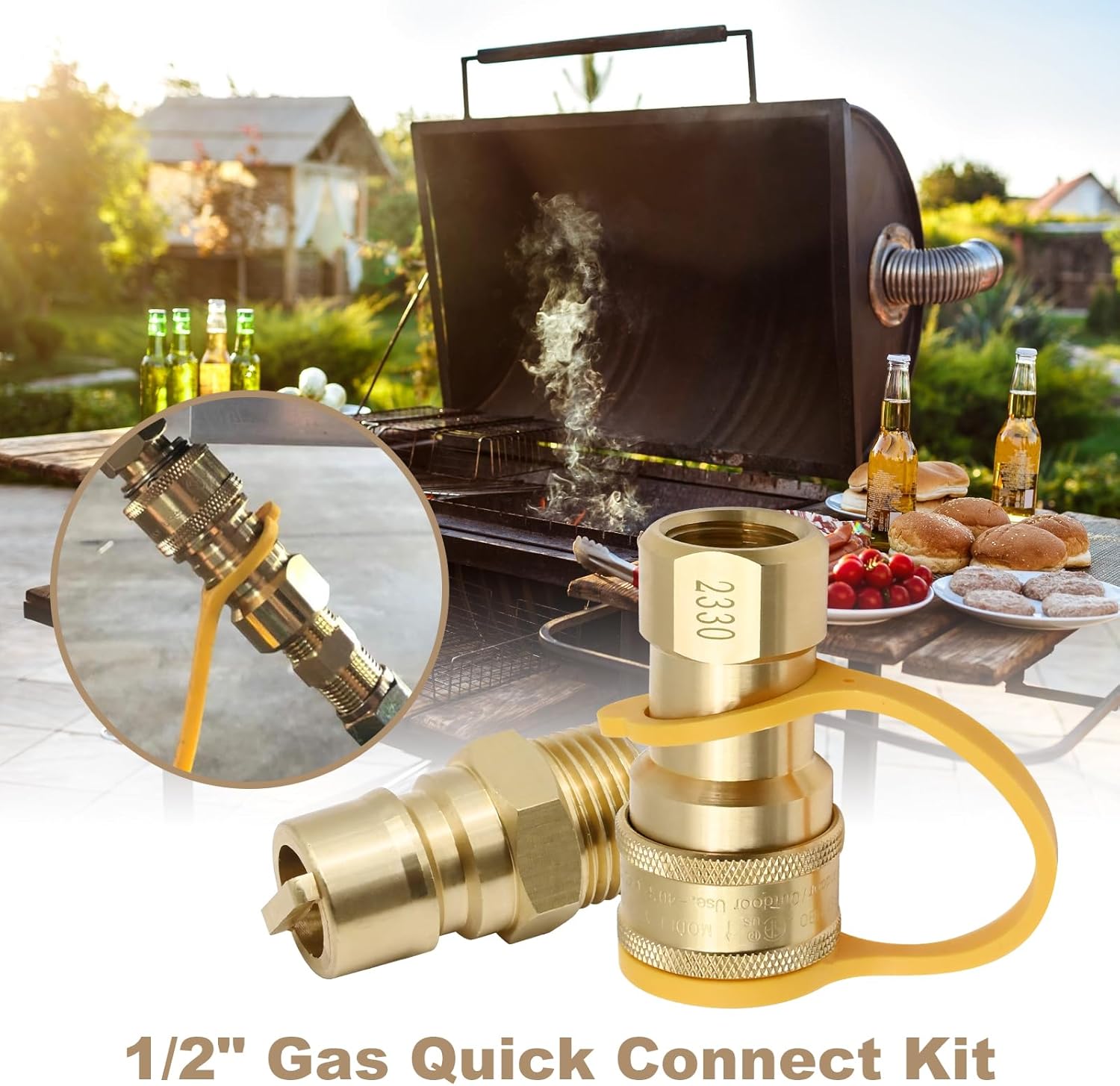 1/2" Gas Quick Connect Kit, LP Gas Quick Connect Disconnect Connector with Male Insert Plug, 1/2 Inch Natural Gas Propane Quick Connect Adapter, Solid Brass (Pack of 2)