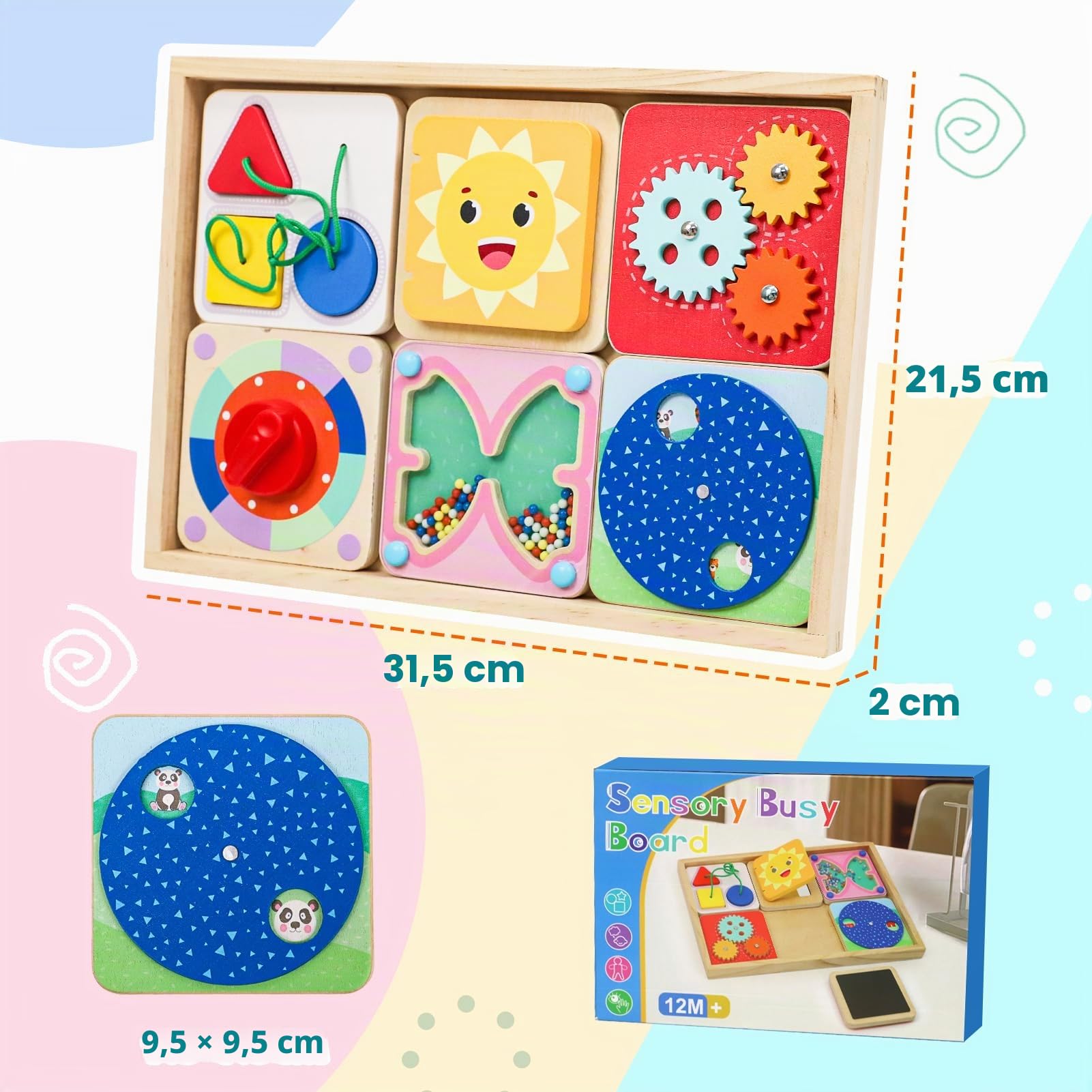 Wdmiya Tableau d'Activités Montessori pour Bébé, Jeu Sensoriel en Bois dès 1 an avec 6 Plaques Magnétiques | Jeu de Motricité Portable pour Voyage en Voiture, Cadeau d'anniversaire Garçon Fille