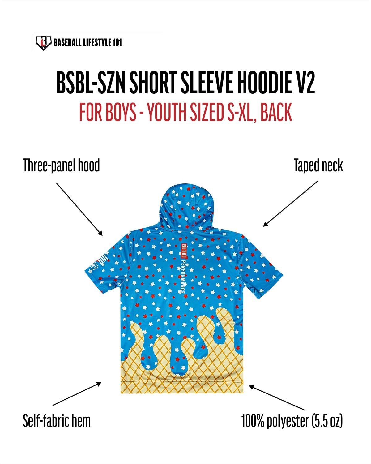 Baseball Lifestyle 101 BSBL SZN Youth Short Sleeve Hoodie with Front Pouch Pocket V2 Ice Cream Sizes Youth Small to XL