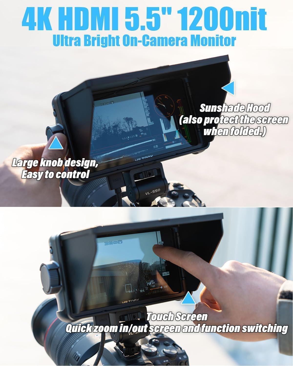 Top image showing the VILTROX monitor with sunshade and large control knob, bottom image showing a hand interacting with the touch screen.