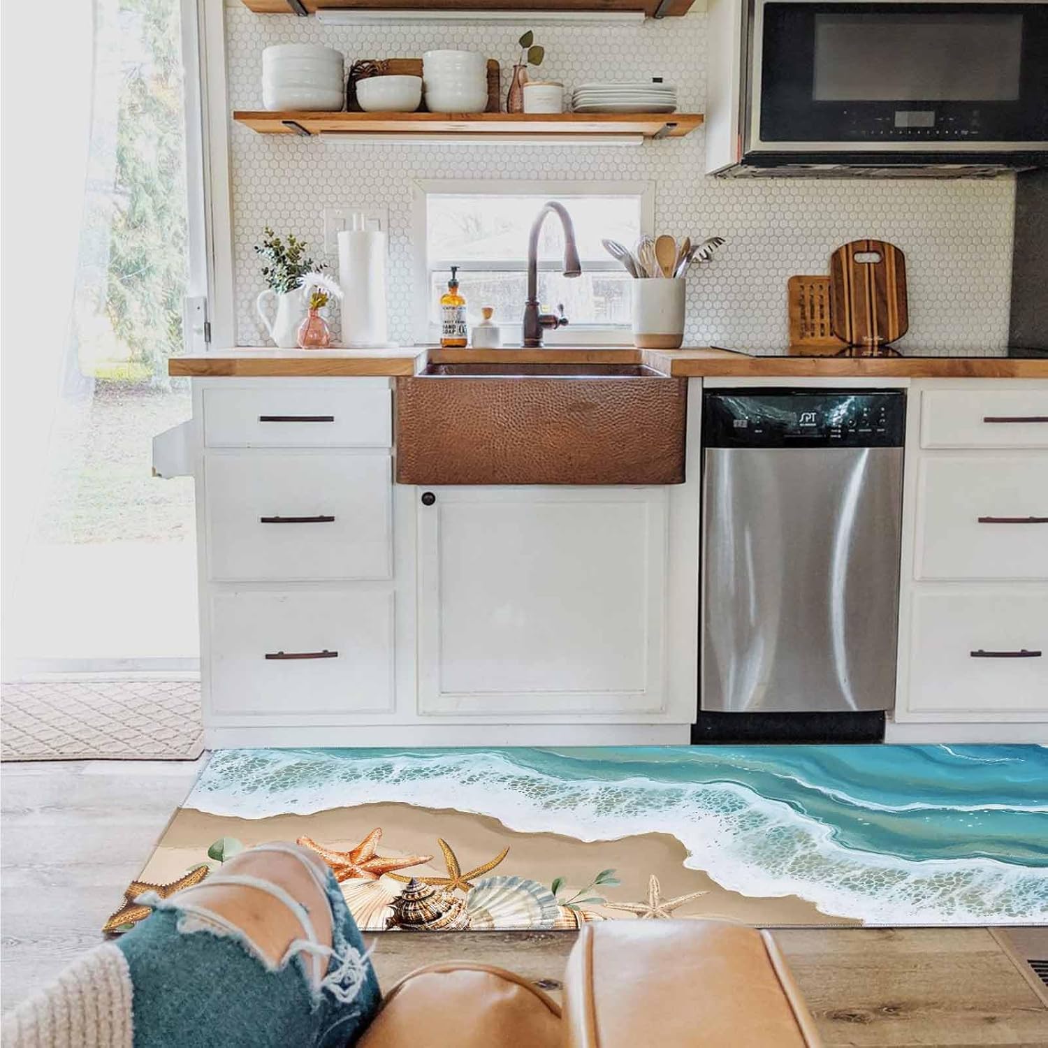 2 Pieces Kitchen Rugs and Mats,Nautical Coastal Ocean Wave Area Runner Rug Set Non Slip Floor Doormat Washable Carpet Standing Mat for Kitchen Sink Indoor Corridor,Summer Beach Seaside Starfish Shell