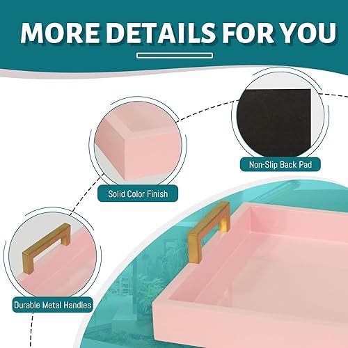 Miniatura 4 de MAONAME Bandeja decorativa de madera, bandeja para servir con asas de metal, moderna bandeja rosa para otomana, bandeja rectangular para mesa