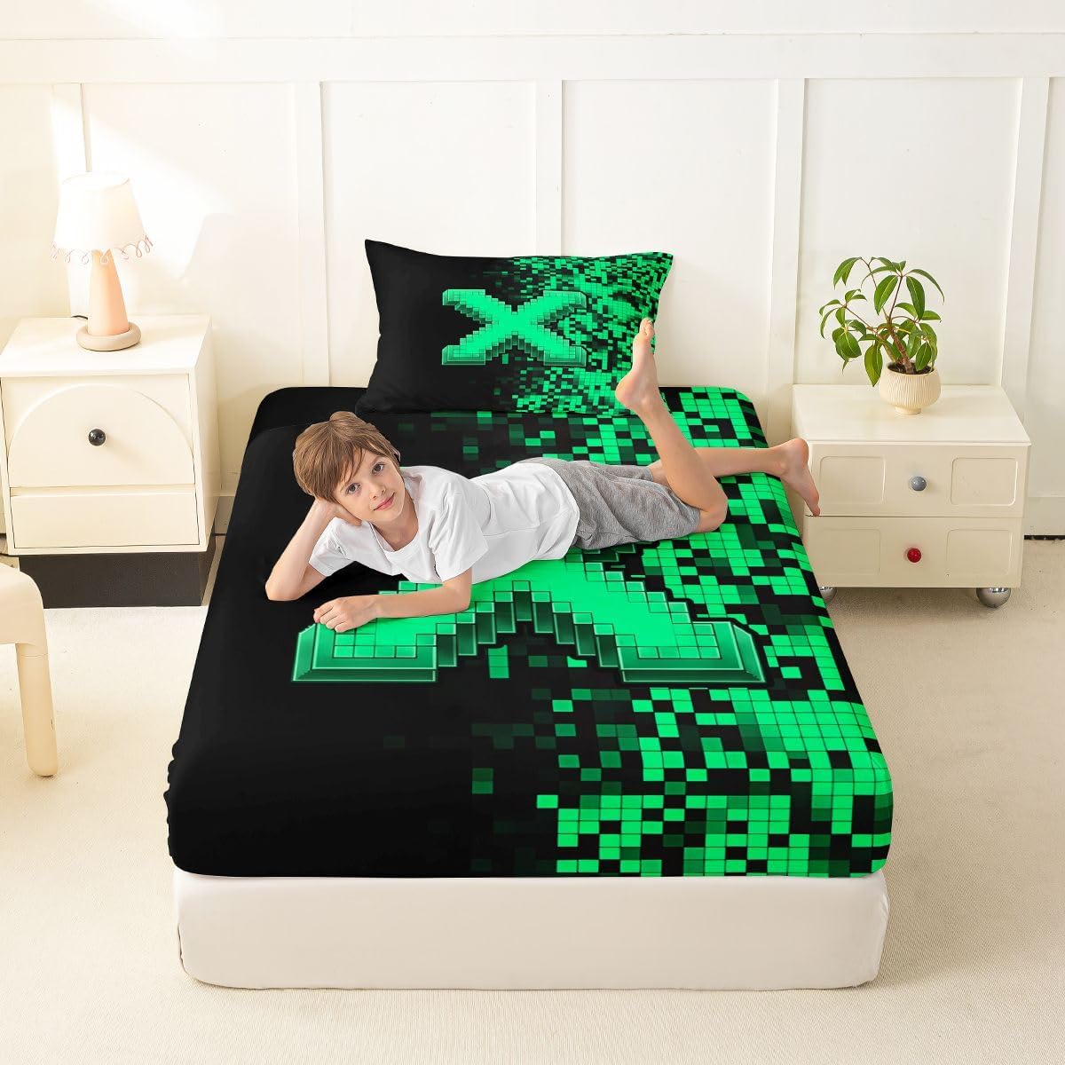 Erosebridal Light Green Pixel Art Fitted Sheet Twin image 4