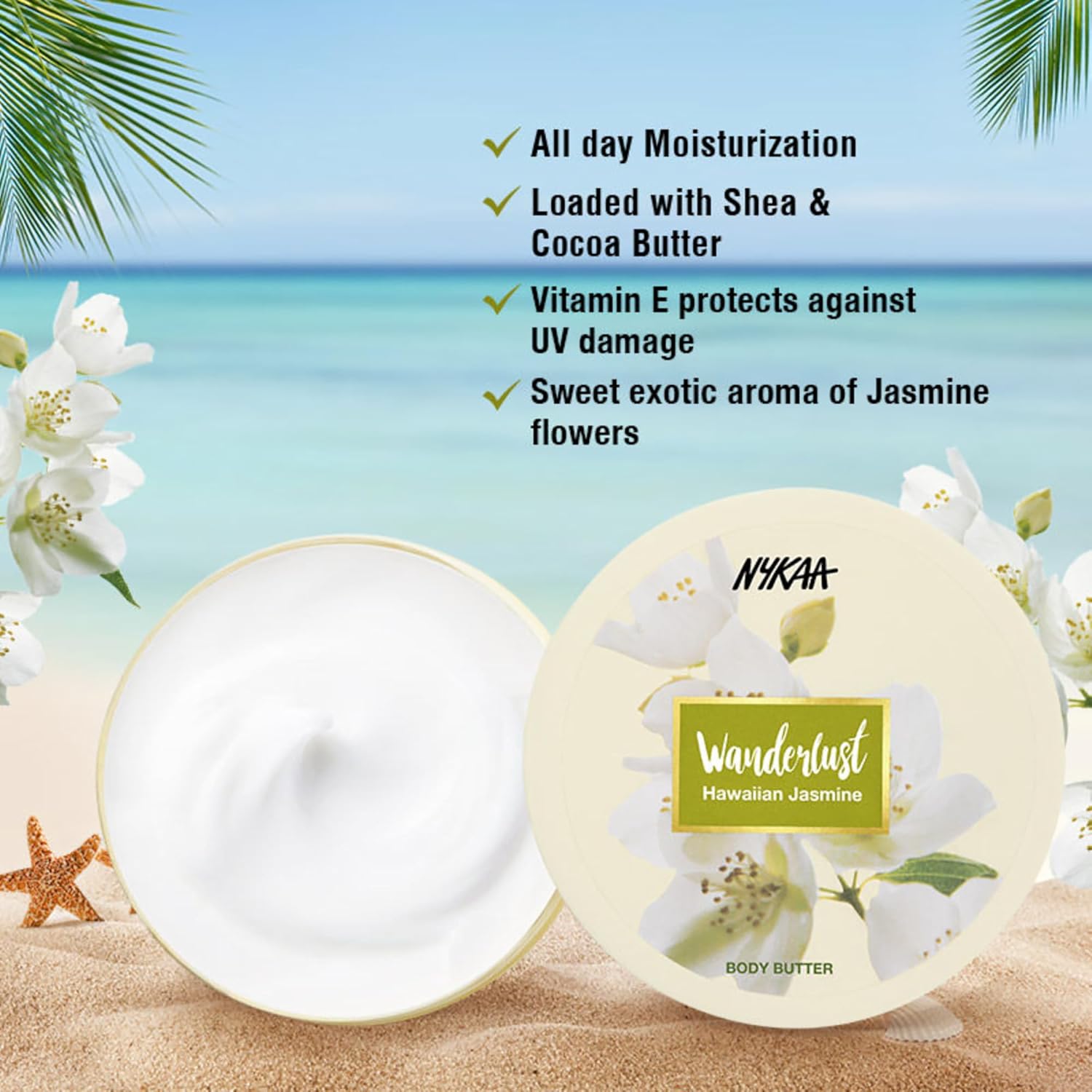 Nykaa Naturals Wanderlust Body Butter - Enriched with Shea, Cocoa Butter, and Almond Oil - Vegan, Cruelty-Free - Hawaiian Jasmine - Vegan - 6.7 oz