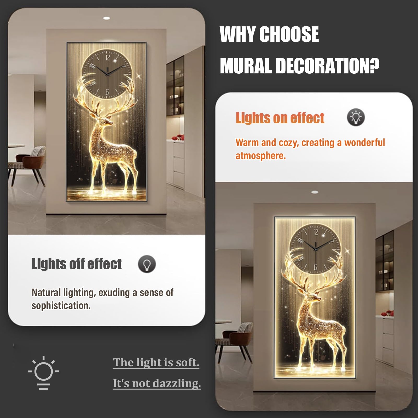 Orologio da parete 3D con luce LED, movimento al quarzo silenzioso, design con corna luminose, scultura decorativa per ingresso moderno