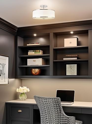 Miniatura 6 de Kira Home Chloe - Lámpara de techo retro moderna de 3 luces semiempotrada de 15 pulgadas  pantalla de tambor blanca compatible con LED difusor de