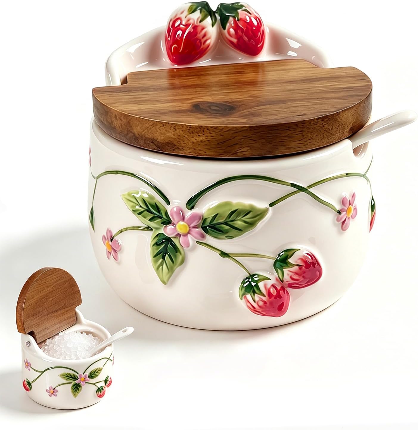 Salt Cellar, 13.5 oz Ceramic Salt Cellar with Lid and Spoon - Strawberry 3D Relief Design Seasoning Jar with Acacia Wood Lid, Suitable for Salt, Sugar, Pepper - Kitchen Countertop Storage Container