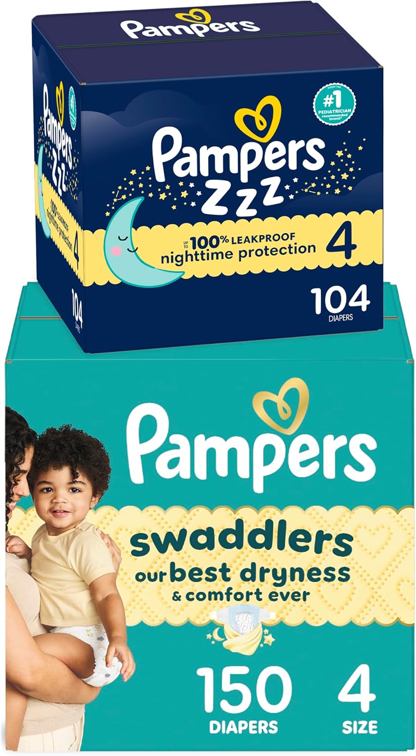 Pampers Bundle of Swaddlers Diapers, Size 4 (15-34 lbs), 150 Count & Pampers ZZZ Overnight Diapers, Size 4 (22-37 lbs), 104 Count, Nighttime Protection Disposable Baby Diaper