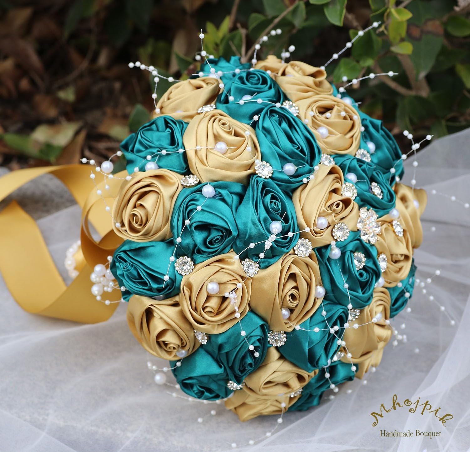 Bridal Wedding Bouquet Round Bling Brooch Bouquet Throw Toss Artificial Rose Flower Bunch for Bride Bridesmaid Wedding Quinceanera(Dark Green & Gold, 7.5")