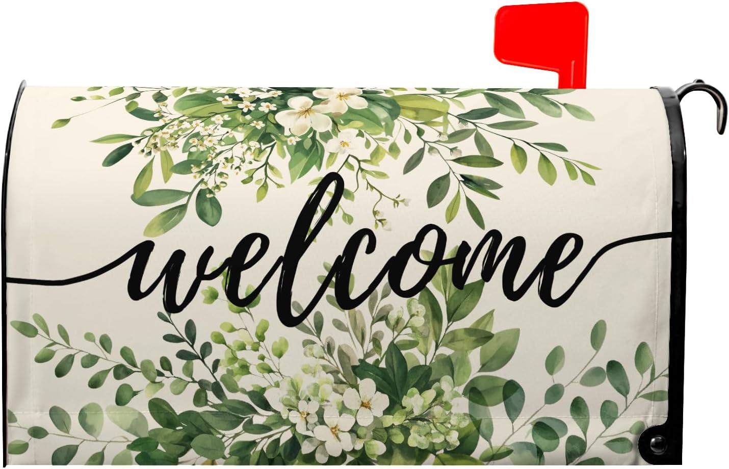 Welcome Spring Mailbox Covers Magnetic Green Eucalyptus Leaf Wreath Flowers Post Letter Box Cover for Garden Standard Size 21x18 in Mailbox Wraps for Yard Home Decor