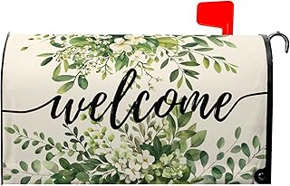 Welcome Spring Mailbox Covers Magnetic Green Eucalyptus Leaf Wreath Flowers Post Letter Box Cover for Garden Standard Size 21x18 in Mailbox Wraps for Yard Home Decor