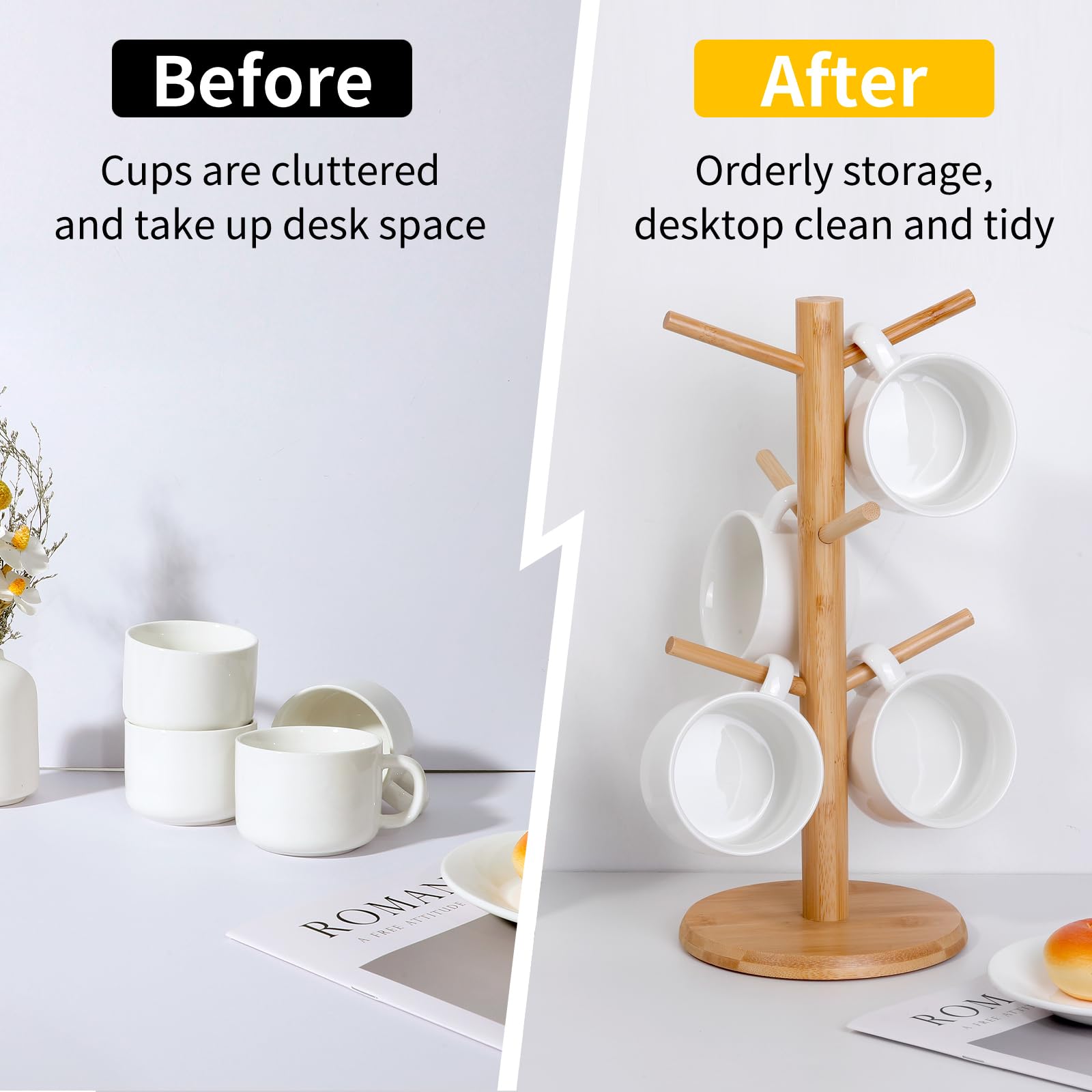 SPEACOUR Portabicchieri Ad Alberello In Legno Naturale - 6 Ganci Per Tazze Da Caffè E Tè - Design Compatto 32cm - Foto 5