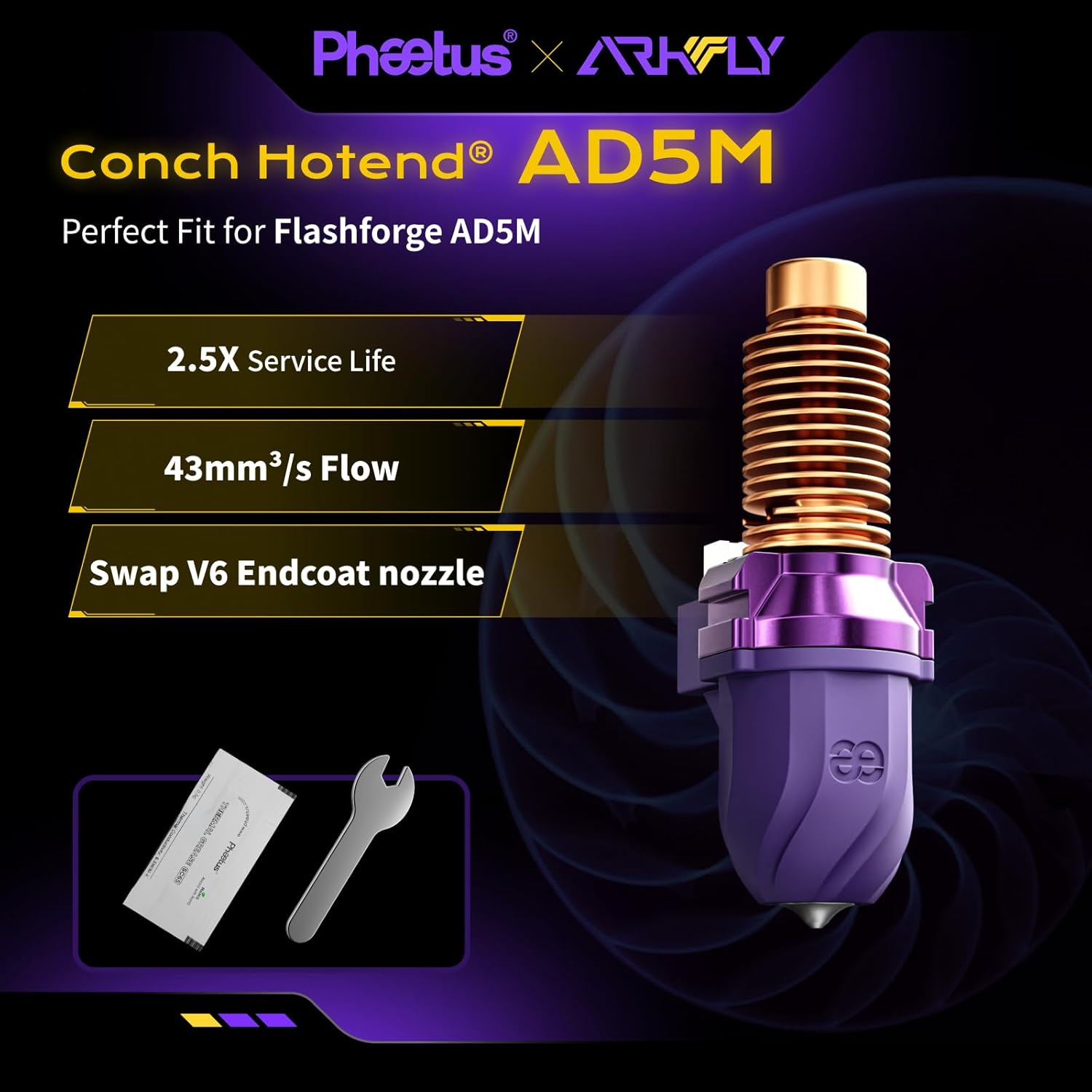 PhaetusxArkfly Flashforge Adventurer 5M/5M Pro Nozzle Hotend 43mm³/s High Flow Extruder Quick-Detachable V6 Nozzle Stable High-Speed Printing for AD5M Nozzle (0.25mm)
