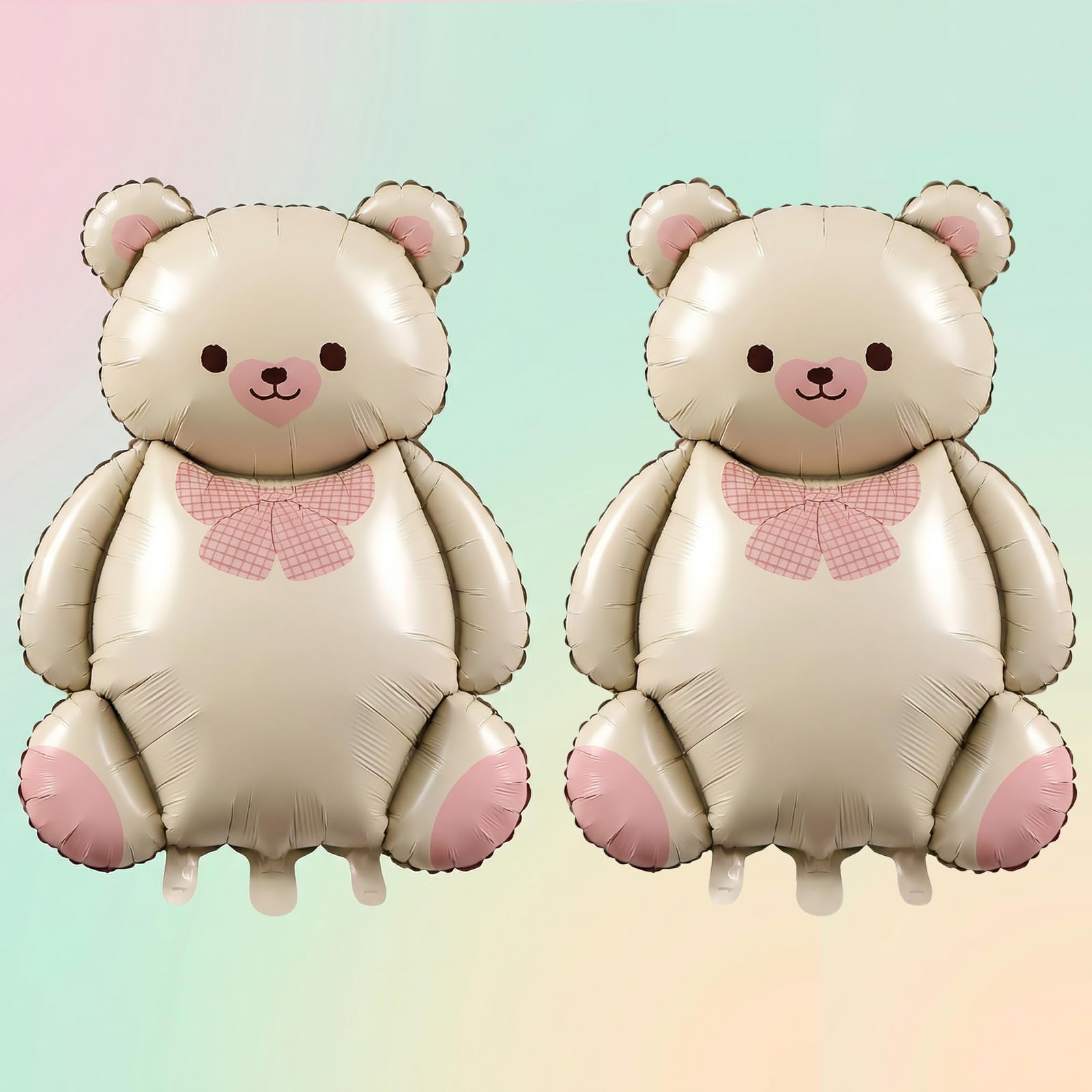 2 Pack Reusable Self-Sealing Bear Shaped Foil Balloons for Birthday Party Decorations (Cream White with Pink Bow)