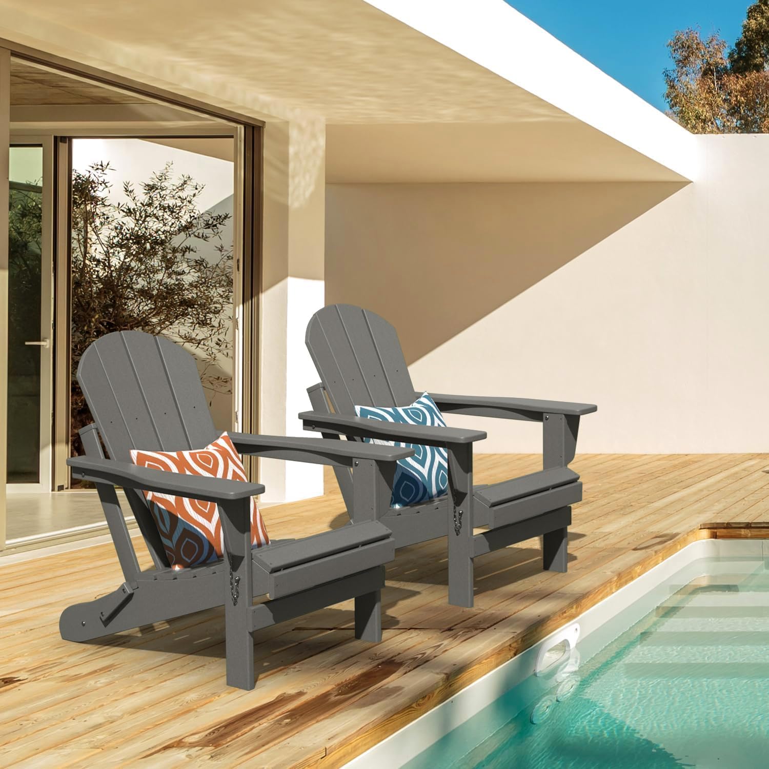 Outdoor Folding Adirondack Chair, HDPE All-Weather Resistant Patio Chairs, Stackable Arm Rest Lounge Chair for Fire Pit, Deck, Garden, Backyard, Lawn, Beach, Pool (Antique Gray)