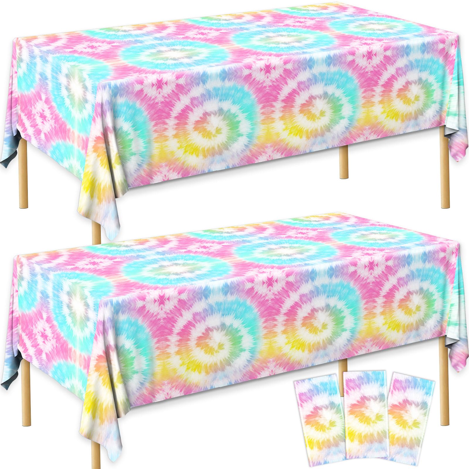 CMUSKO Tie Dye Tablecloth, 3Pcs Tie Dye Birthday Party Decorations Plastic Table Cloths Rectangle Rainbow Table Cover for Colorful Birthday Baby
