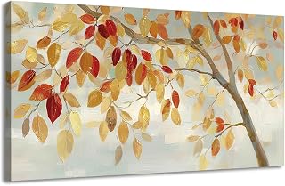 llribbons Autumn Tree Canvas Wall Art Gold Leaf Pictures Rustic Farmhouse Wall Decor Fall Natural Painting Prints for Living Room Bathroom Bedroom Office Home Decor Framed Ready to Hang 20" x 40"