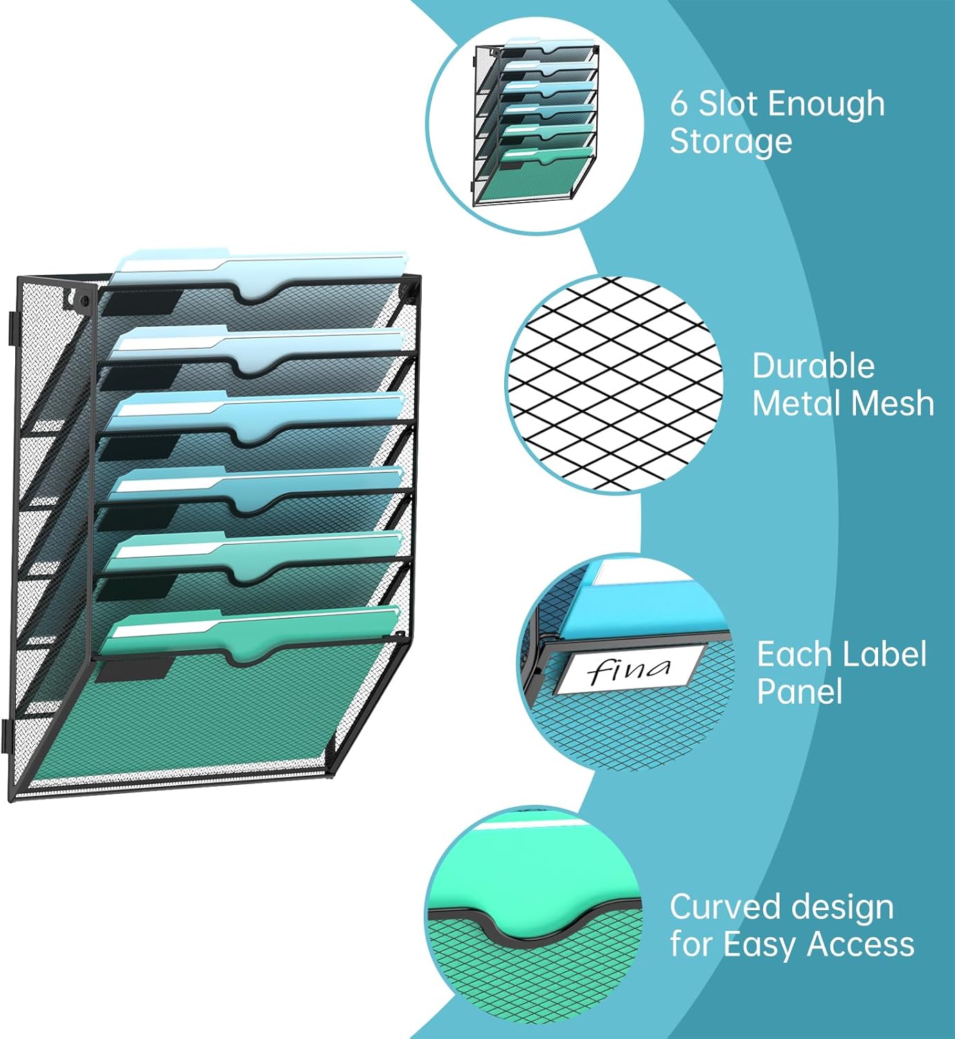 SUPEASY 6-Tier Wall File Organizer, Hanging Wall Files for Papers, Folders, Magazines, Wall Organizer for Clipboard, Assembly Needed, Black, 2 Pack