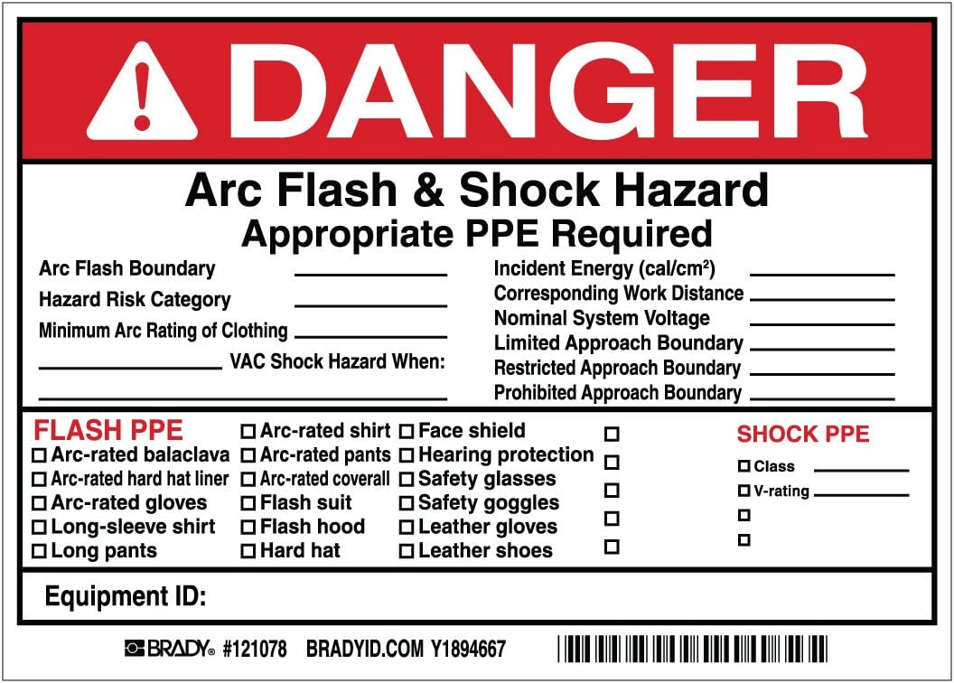 Brady 121078 ビニール書き込みアークフラッシュ&amp;ショックラベル(危険)、白地にブラック/レッド、高さ5インチ x