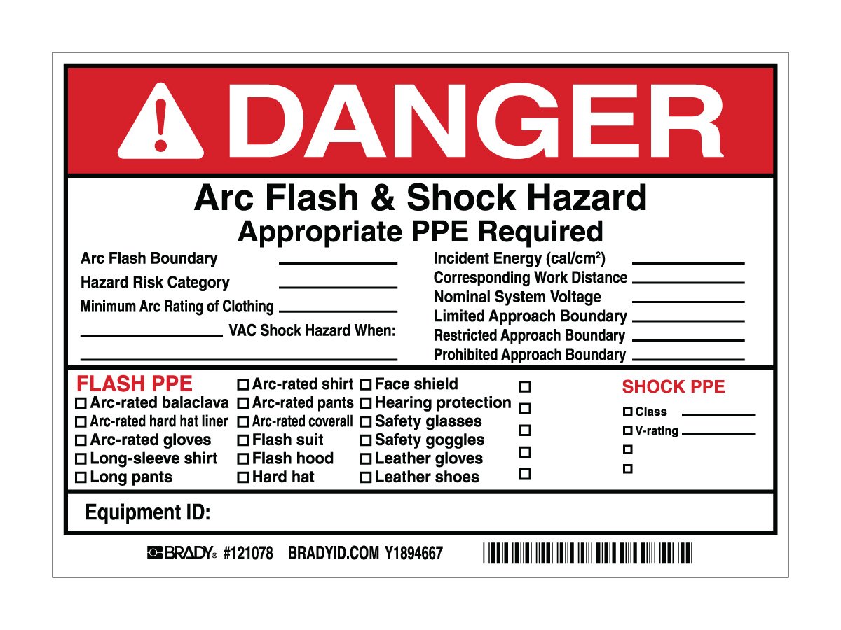 Brady 121078 Vinyl Write-On Arc Flash & Shock Labels (Danger) , Black/Red On White, 5" Height x 7", Legend "Danger Arc Flash & Shock Hazard Appropriate Ppe Required Flash Hazard Category____..., Etc." (5 Labels per Package)