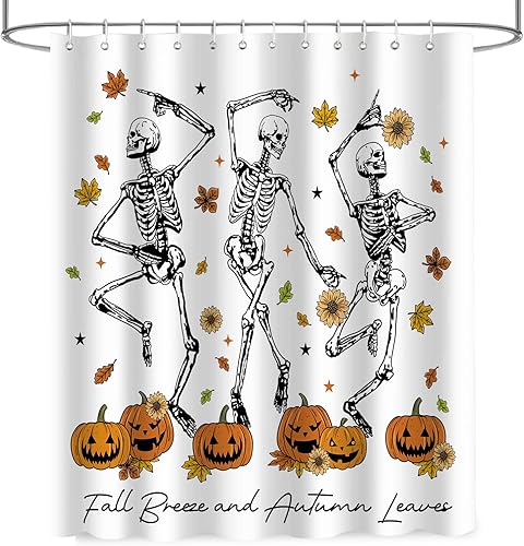 Miniatura 2 de Cortina de ducha de Halloween para baño, cortina de ducha espeluznante de esqueletos bailarines espeluznantes de calabaza, calavera aterradora,