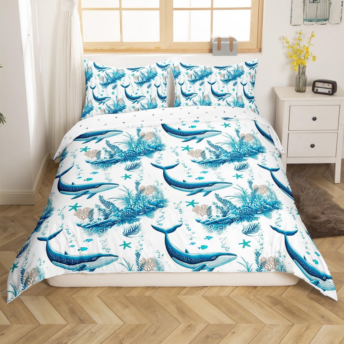 jejeloiu Ocean Themed Bedding Set Toddler Size Sealife Comforter Cover for Boys Girls Teens Shark Duvet Cover Breathable Soft Lightweight Indigo,No Comforter