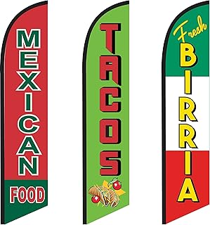 Cobb Promo Food and Restaurant Feather Flag Eye Catching Banner Sign for Business and Marketing Replacement Flag only Without Pole Kit (Mexican Food Tacos Fresh Birria Red and Green)