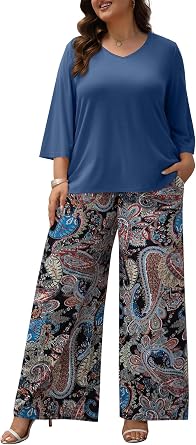 Womens Plus Size 2 Piece Outfits 3/4 Sleeve Tunic Top Floral Print Belted Wide Leg Pant Sets Travel Lounge Set